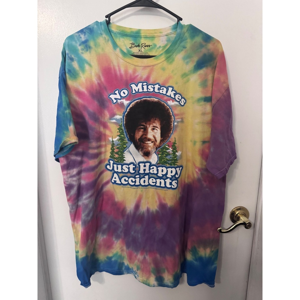 Bob Ross No Mistakes Just Happy Accidents Tie Dye Graphic T-Shirt Mens XL